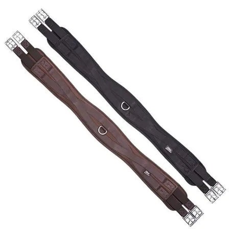 Brown and black leather elico memory foam dressage girth with silver metal buckles for comfortable riding