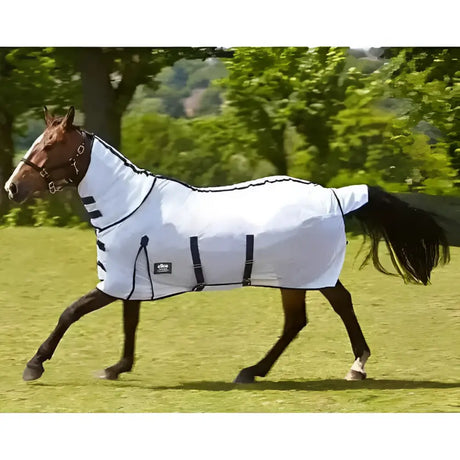 White horse wearing elico mendip combo fly rug with navy blue trim straps and chest logo patch with belly flap