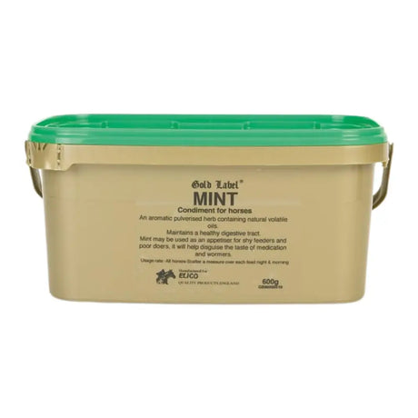 Beige plastic bucket with green lid and metal handles containing elico mint condiment pure pulverised mint for horses