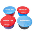 Set of four colorful fabric covered feeding bowls with morning feed and evening feed lids for elico morning bucket cover