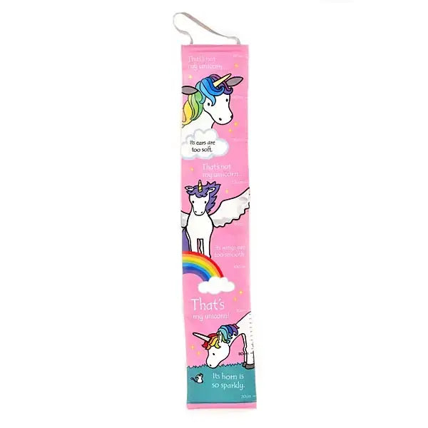 Pink unicorn height chart fabric door mat with rainbow and cloud illustrations for kids room decor