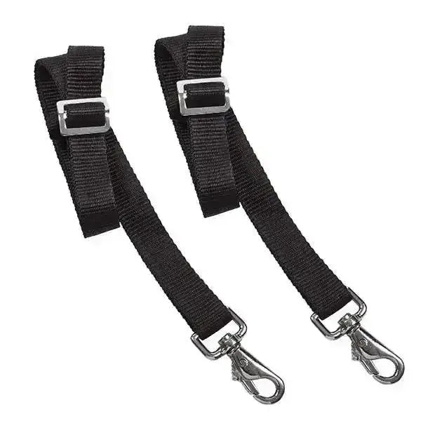 Black elico nylon horse leg straps with silver metal buckles and swivel hooks for secure horse rug fastening