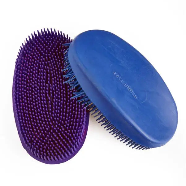 Purple and blue elico oval face brush with dense rounded bristles perfect for gentle face brushing