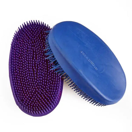 Purple and blue elico oval face brush with dense rounded bristles perfect for gentle face brushing