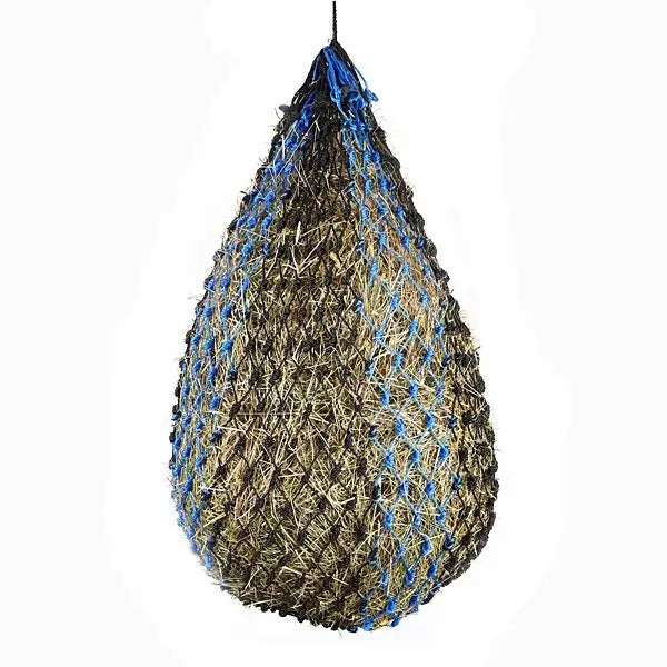 Teardrop-shaped Elico Penzance Haynet with blue and tan woven pattern and robust hanging rope