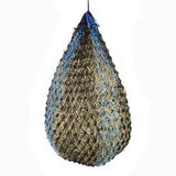 A teardrop shaped elico penzance haynet with brown and blue woven mesh and extra strong robust hanging rope