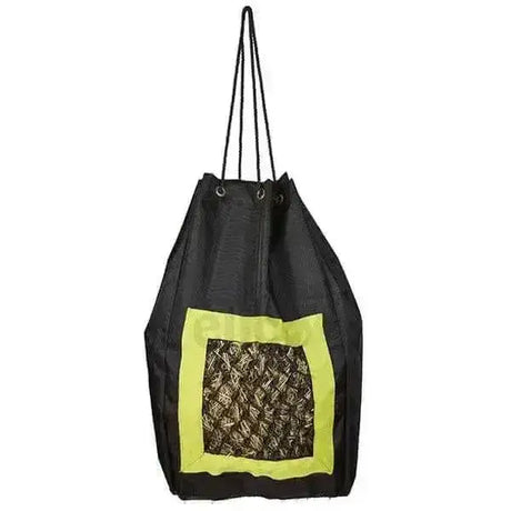 Black elico plymouth haybag with lime green small-holed mesh feeding panel to eliminate wastage featuring drawstring closure