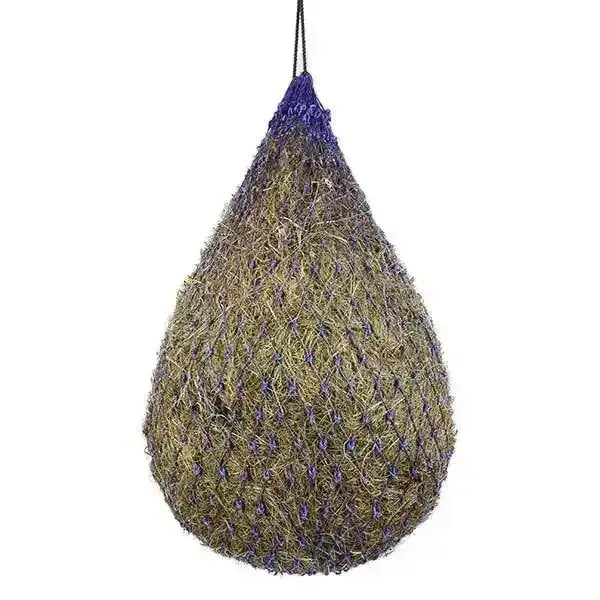 Purple mesh elico polperro small extra strong haynet with teardrop shape filled with woven straw for easy feeding