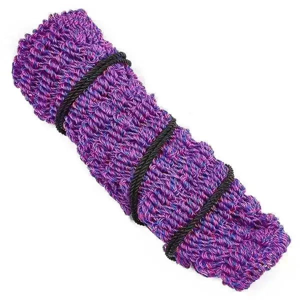 A vibrant purple knitted wrist warmer with ribbed texture and black elastic bands for elico polperro small extra strong haynet