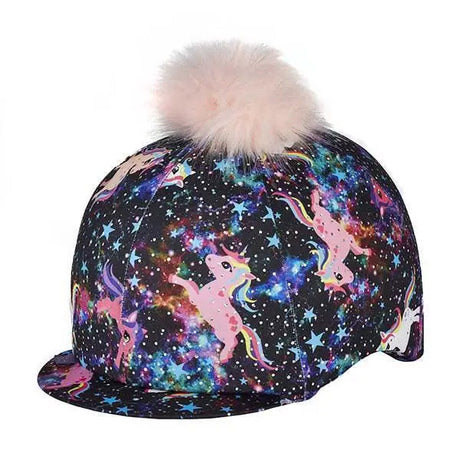 A vibrant black pony princess hat silk with pink unicorns, cosmic stars, and a fluffy white pom-pom in lycra riding style