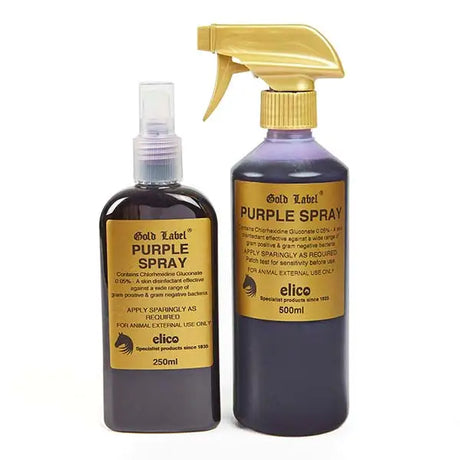 Two bottles of elico purple spray with dark purple liquid in 250ml clear nozzle and 500ml gold trigger sprayer