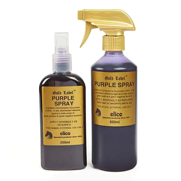 Two bottles of elico purple spray with dark purple liquid in 250ml clear nozzle and 500ml gold trigger sprayer