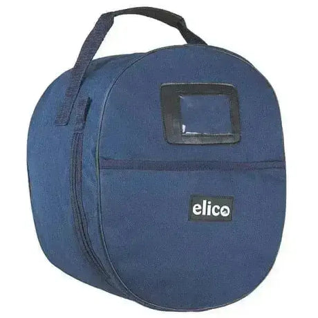 Blue fabric elico riding hat carry bag with black handle and clear window in navy for riding helmet storage