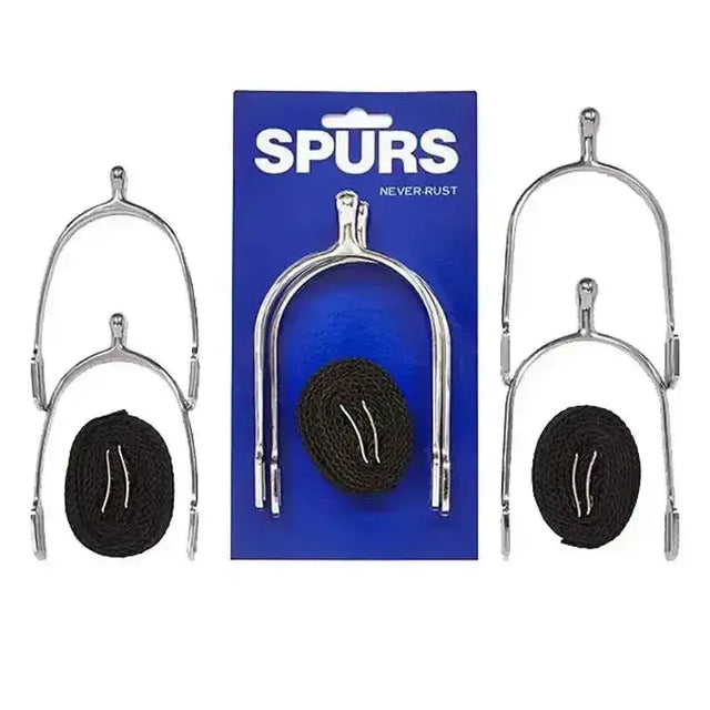 Silver metal elico riding spurs with black leather straps offer fantastic grip packaged in blue spurs never rust card