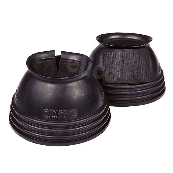 Black elico ringer bell boots with textured rubber exterior and reinforced stitching designed for horse hoof protection