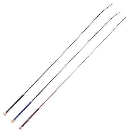 Three elico rose gold dressage whips with slender metallic shafts and textured grips in black blue and brown