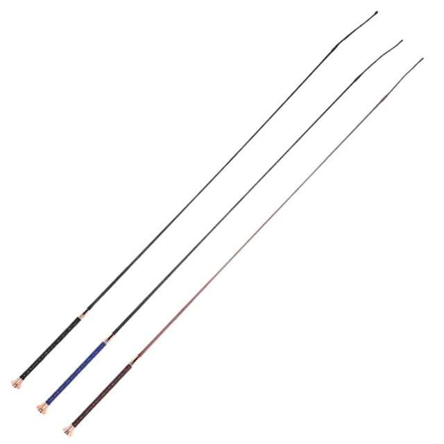 Three elico rose gold dressage whips with slender metallic shafts and textured grips in black blue and brown
