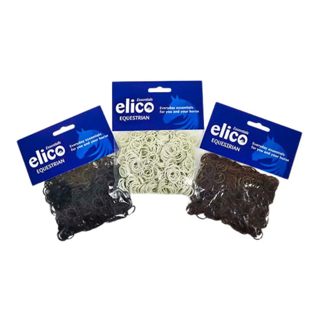 Three packages of elico rubber plaiting bands in black beige and dark brown for equine use