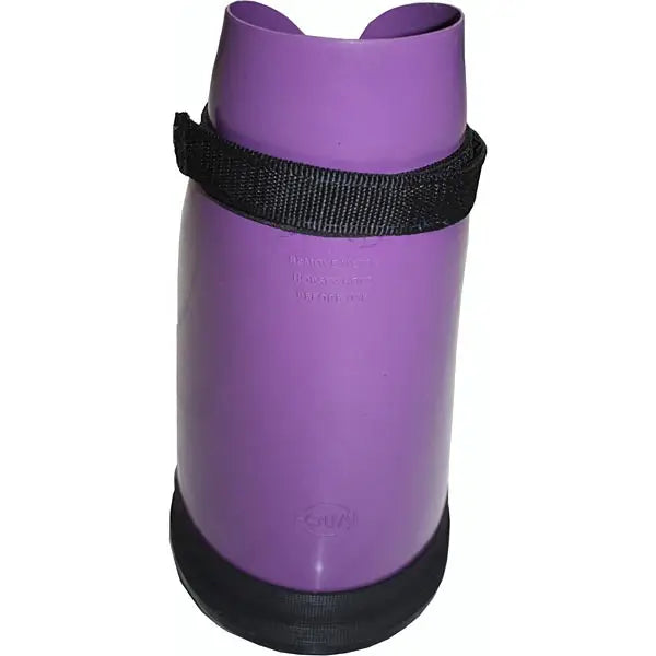 Purple cylindrical elico rubber poultice boot with black strap and rubber base for dog hoof protection