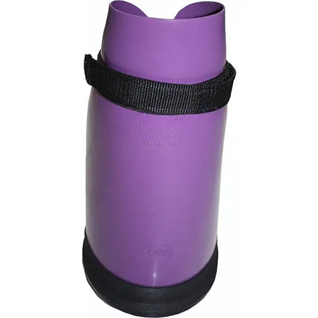 Purple cylindrical elico rubber poultice boot with black strap and rubber base for dog hoof protection