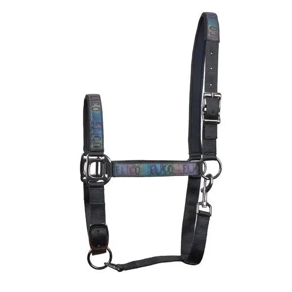 Black horse halter with iridescent blue and green patterned straps featuring elico brand name in elico ryedale headcollar