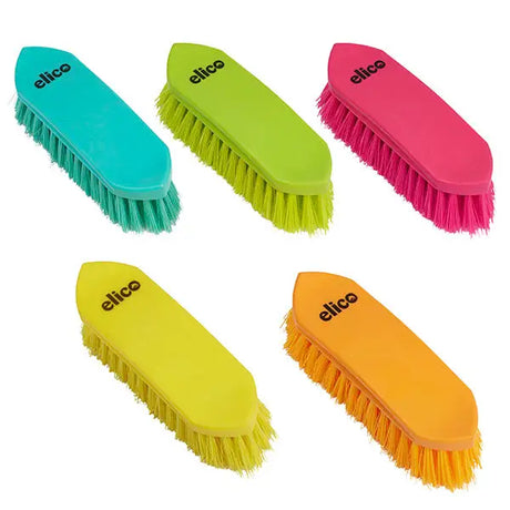Set of five vibrant plastic handled elico sandown dandy brushes in teal lime green pink yellow and orange with matching bristles