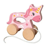Pink wooden unicorn pull-along toy with yellow horn star decals natural wood wheels and white string elico ses push