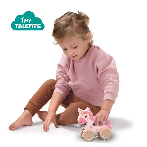 Pink wooden unicorn pull along toy with white string and light brown wheels in elico ses push wooden unicorn design