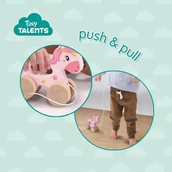 Pink wooden unicorn pull-along toy with star decals and natural wheels from elico ses push wooden unicorn collection