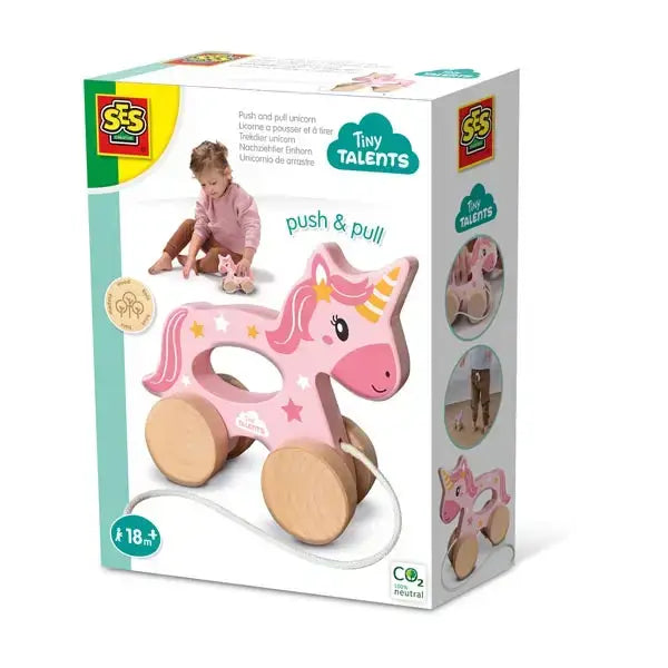 Pink wooden elico ses push and pull wooden unicorn toy with star decals natural wood wheels and white string handle