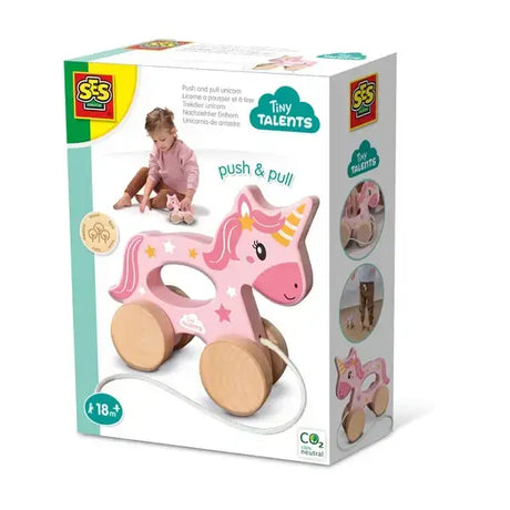 Pink wooden elico ses push and pull wooden unicorn toy with star decals natural wheels and string handle
