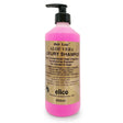 Pink plastic bottle with black pump labeled elico shampoo aloe gold label aloe vera luxury deep cleansing super concentrated