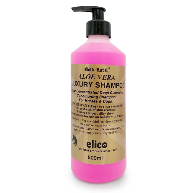 Pink plastic bottle with black pump labeled elico shampoo aloe gold label aloe vera luxury deep cleansing super concentrated