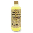 A 500ml bottle of elico shampoo citronella with translucent yellow liquid and tan screw-top cap for horses and ponies