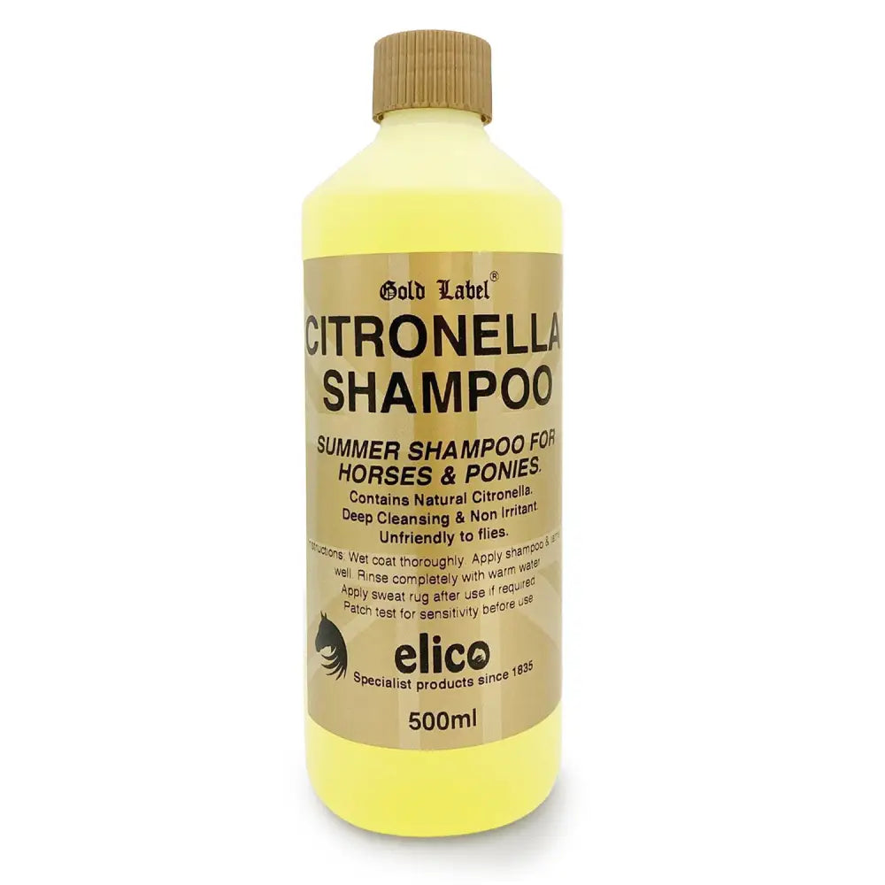 A 500ml bottle of elico shampoo citronella with translucent yellow liquid and tan screw-top cap for horses and ponies