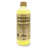 A 500ml bottle of elico shampoo citronella with translucent yellow liquid and tan screw-top cap for horses and ponies