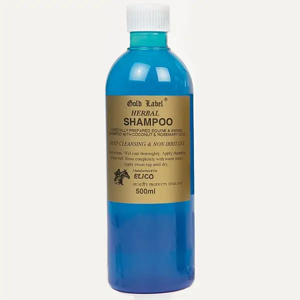 A translucent blue bottle of elico shampoo herbal with a gold label white cap containing 500ml of shampoo herbal