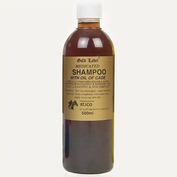 Amber glass 500ml bottle of elico shampoo medicated with oil of cade for soothing scalp care