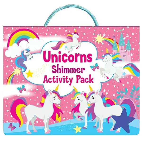 Pink unicorn-themed elico shimmer activity pack with teal handle and shimmering rainbow star and castle illustrations coloring book