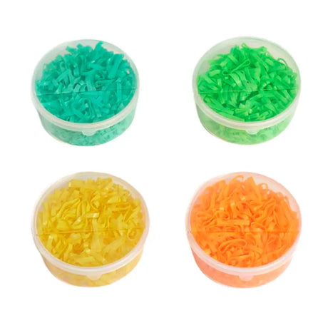 Four clear containers of brightly colored elico silicon mane bands in teal green yellow and orange silicon mane bands