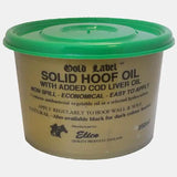 Green-lidded container of elico solid hoof gold label solid hoof oil with added cod liver oil for healthy hooves