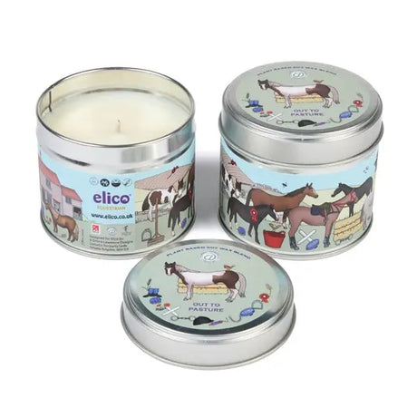 Silver cylindrical elico soy candle tin with horse design labeled out to pasture pasture plant based scent pink grapefruit