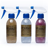Three elico sparkle glitter gel spray bottles with gold, silver, and pink glitter and blue trigger caps