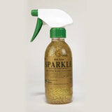 Elico sparkle glitter gel in a clear bottle with gold glitter and a green white trigger sprayer for easy use
