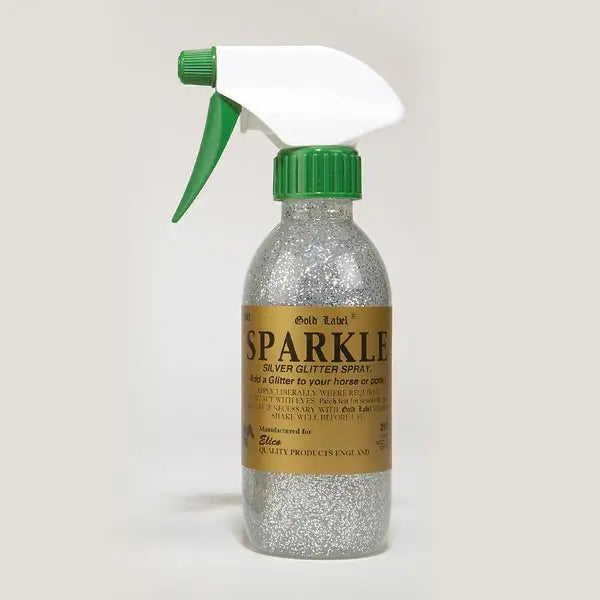 Silver glitter spray bottle with white and green trigger sprayer for elico sparkle glitter gel use