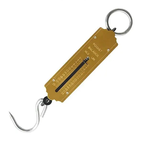 Gold-colored metal elico spring balance with silver hook and ring for weighing horses hay feed or spring horse weight