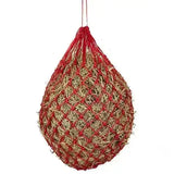 Red woven small sized ives shetland haynet filled with golden brown straw with hanging loop for easy use