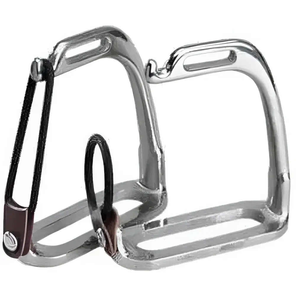 Silver elico stainless steel peacock stirrups safety irons with black leather straps and brown leather accents