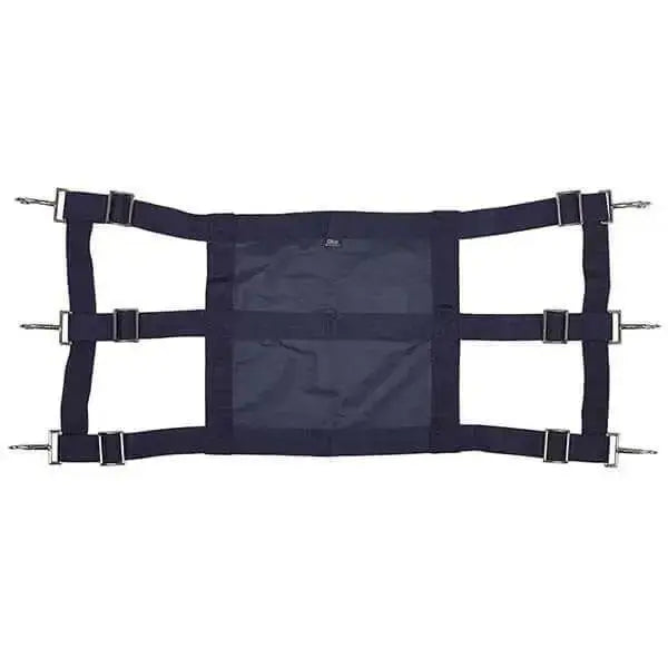 Black fabric harness with adjustable straps and metal buckles for elico stall guard stable accessories open stable door use