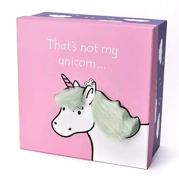Pink and purple gift box featuring a cartoon unicorn with green hair white face and pink horn for unicorn keepsake